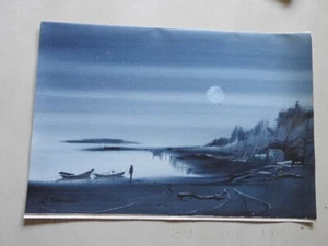 LAURENCE SISSON Gemälde Aquarell Gouache Boothbay Maine MOONLIGHT Hafen - Bild 1 von 9