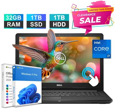 Dell Inspiron 15.6 Laptop Touch FHD Intel i7 32GB RAM 1TB SSD+1TB HDD Office2024 - Image 1 of 4