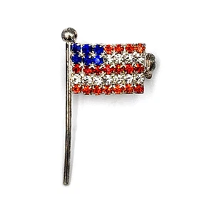 Vtg American Flag Pin Rhinestones Patriotic Red White Blue Brooch USA Silver Ton - Picture 1 of 6