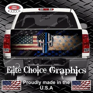Police Skull Thin Blue Line Flag Truck Tailgate Wrap Vinyl Graphic Decal Sticker - Picture 1 of 1