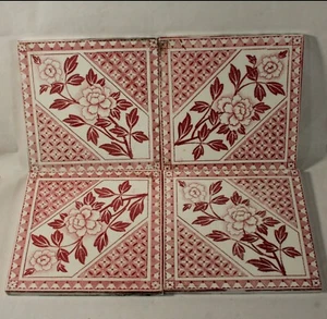 ANTIQUE SET 4 VICTORIAN POTTERY TILES PINK FLORAL DESIGN - Picture 1 of 5