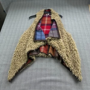Faux Fur Vest Womens Large Reversible Red Plaid Boho Rustic Comfort Pockets - Picture 1 of 6