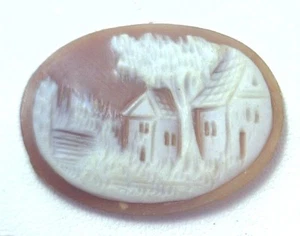 NOS Antique Hand Carved Oval Shell CAMEO Stone House & Tree Scene #N450 - Bild 1 von 2