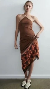 ZARA Tulle Bloggers Favorite Halter Maxi open back Brown Dress Sz L NWT - Picture 1 of 7