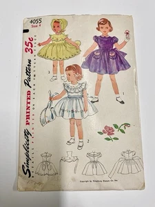 Vintage 50er Jahre Simplicity Schnittmuster 4055 Kleinkind Mädchen Kleid & Mütze Größe 4 - Bild 1 von 2