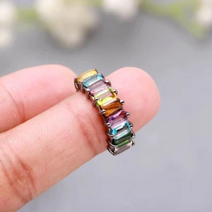 Multi Quartz Octagon Ring 925 Sterling Silver Black Oxidized Half Band Jewelry - Picture 1 of 24