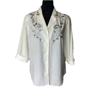 VTG Kathy Che Button Up Embroidered Collar/Chest 3 Qtr Sleeve W/Shoulder Pads 12 - Picture 1 of 20