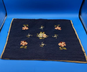 vtg finished NEEDLEPOINT wool chair cover pillow top dk blue Floral 7.5" x 14.5" - Picture 1 of 10