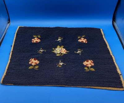 vtg finished NEEDLEPOINT wool chair cover pillow top dk blue Floral 7.5" x 14.5" - Image 1 of 4