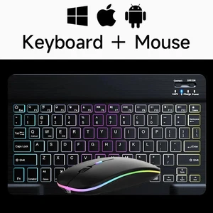 Black Wireless Bluetooth Keyboard and Mouse Android iOS Windows Mini Backlight - Picture 1 of 7