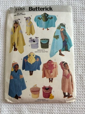 Butterick 3488 Kids Bath Towels Mitts Dog Frog Duck Fox Sewing Pattern Uncut - Image 1 of 3