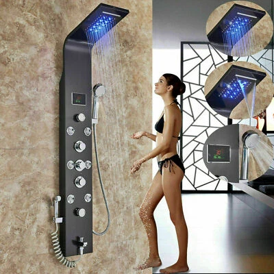 ELLO&ALLO Black Stainless Steel Shower Panel LED Tower Rain Massage System Jets