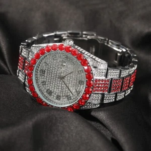 Rote Solitär Lünette Iced Out Hip Hop Rund Luxus Datum Funktion Bling Uhr 42mm - Bild 1 von 9