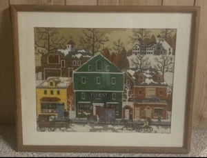 Vintage 1984 Main Street Store Front Needlepoint Framed Completed Art Picture - Picture 1 of 10