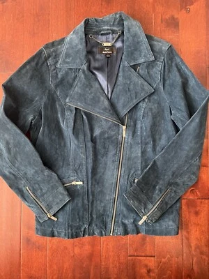 Abrigo Chaqueta Dennis Basso Talla Grande Azul 100% Gamuza Cuero Moto Cremallera Foto 1 de 4