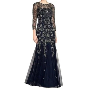 Adrianna Papell Größe 4 Perlen Illusion Nachtblau Langarm Abendkleid - Bild 1 von 16