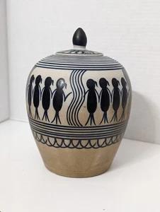 Tarro de cerámica vintage Saura Warli Tribal Mujer con tapa - Imagen 1 de 10