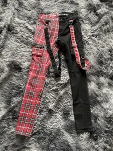 Hot Topic HT Denim Stinger Pants Jeans Size 28x30 Plaid Bondage Punk Pants Black - Picture 1 of 5