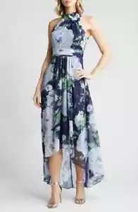 Eliza J Navy Blue Floral Chiffon High-Low Midi Dress Size 10 $218 - Picture 1 of 4