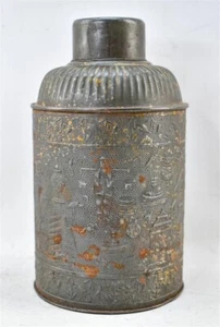 Old 1880s-90s CHINOISERIE Design TEA CADDY CANISTER TIN w/ Lid Cranes - Picture 1 of 6