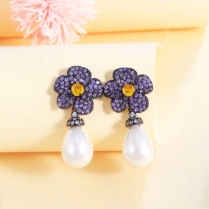 Black Gold Plated Cubic Zircon Purple Flower Pearl Dangle Drop Earring for Women - Picture 1 of 9