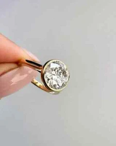 2.00 Ct Round-Cut VVS1 Moissanite Bezel Anniversary Ring Solid 14k Yellow Gold - Picture 1 of 4