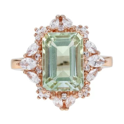 Anillo de compromiso de oro rosa de 14 quilates con halo de diamantes y amatista verde natural Foto 1 de 4