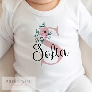 Personalised Sleepsuit Baby grow - Pink Floral Letter, New Baby Gift - Picture 1 of 6