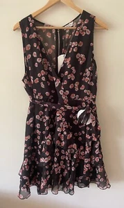 New Tags $159 - PILGRIM Size 14-16 Black Floral Belted Chiffon Mini Dress - Picture 1 of 10