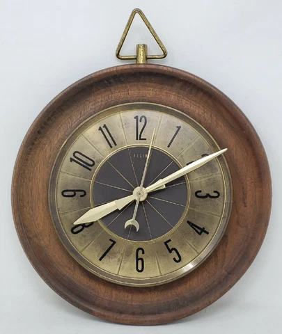 VTG ELGIN 3 HAND KITCHEN WALL CLOCK 10" WOOD & METAL MCM  STYLE QUARTZ BATTERY Cover