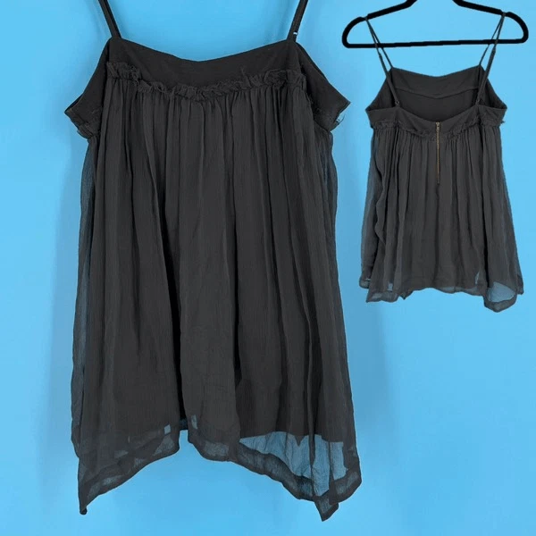La Rok Sleeveless Lined Spaghetti Strap Sheer Tank Top Black Medium Asymmetrical - Image 1 of 4