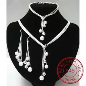 925 Sterling Silver Five-Wire Beads Necklace Bracelet Earring Jewelry Set - Picture 1 of 6