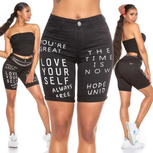 Jeans Shorts Damen High Waist Jeansshorts mit Schriftzug Print Schwarz M / 36 - Bild 1 von 7