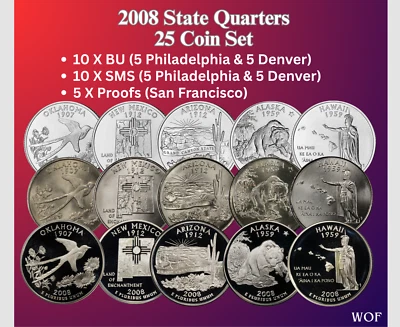 2008 P D S STATE QUARTERS 25 COIN SET  BU + SMS + PROOF DCAM LOW MINTAGE - Image 1 of 4