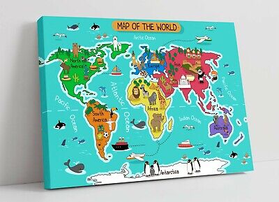 Kids Colourful Fun Map Of The World -deep Framed Canvas Wall Art Picture Print • 15.74£