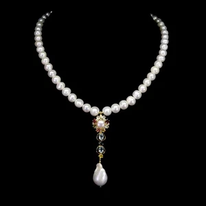 925 Sterling Silver Necklace Oval Topaz Tourmaline Pearl Gemstone Jewelry 19in - Picture 1 of 14