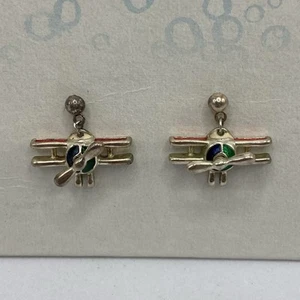 Vintage Airplane Biplane Earrings Dangle Silver Tone Pierced Estate Propeller - Picture 1 of 9