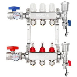 Set collettore riscaldamento a pavimento radiante PEX dimensioni 3 rami 1/2" acciaio inox - Foto 1 di 6