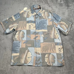 Tori Richard Shirt Mens XL Blue Gray Tan Silk Short Sleeve Hawaiian Leaf Pocket - Picture 1 of 14