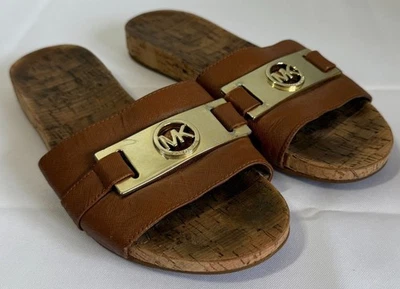 Michael Kors Warren Slides Womens 7.5 Brown Leather Cork Upper Sandals Slip On - Image 1 of 4