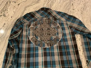 Affliction Black Premium Teal Large Patch Plaid Button Up Shirt 2XL - Picture 1 of 8