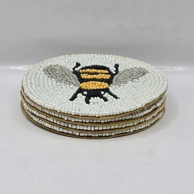 Juego de 4 posavasos redondos con cuentas de abejorro decoración dorada de diseñador India 4,5"D Foto 1 de 4