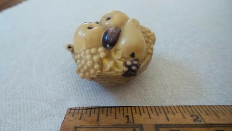 Antique CELLULOID FIGURAL TAPE MEASURE, Basket of Fruit, Made in Germany Cover