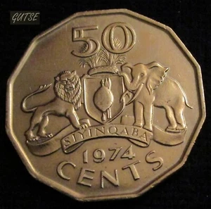SWAZILANDIA KINGDOM, 50 CENTS 1974, LION & ELEPHANT, ALMOST UNCIRCULATED. - Picture 1 of 2