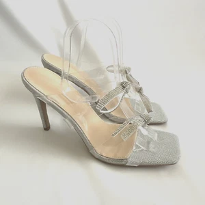 Women Silver Open Toe Rhinestone Bling Sparkle 4" High Heels Clear Straps Party - Picture 1 of 12