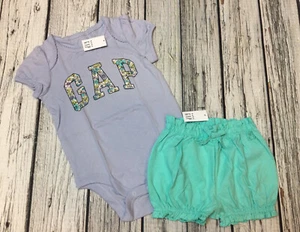 Baby Gap Girls 0-3 Months Purple Logo Shirt & Teal Shorts Outfit. Nwt - Picture 1 of 5