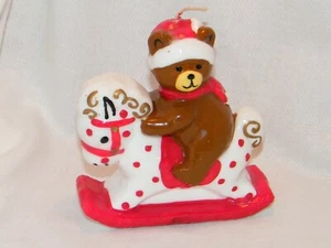 Vintage Christmas Candle Figurine . Teddy Bear w/ Santa Hat on a Rocking Horse - Picture 1 of 11