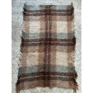 Vintage Mohair & Wool Throw plaid beige blue tan fringed fuzzy 52x36” - Picture 1 of 17