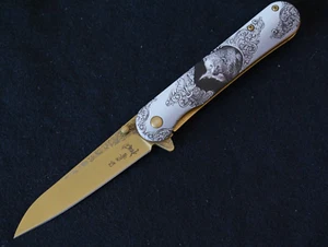 Gold Bear Spring Assist Pocket Knife Victorian Era Grizzly Ornate Full Metal 8” - Picture 1 of 4