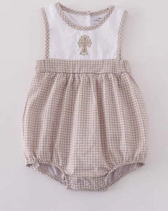 Boy's Boutique Premium White Stripe Easter Cross Brown Embroidered Bubble Romper - Picture 1 of 8